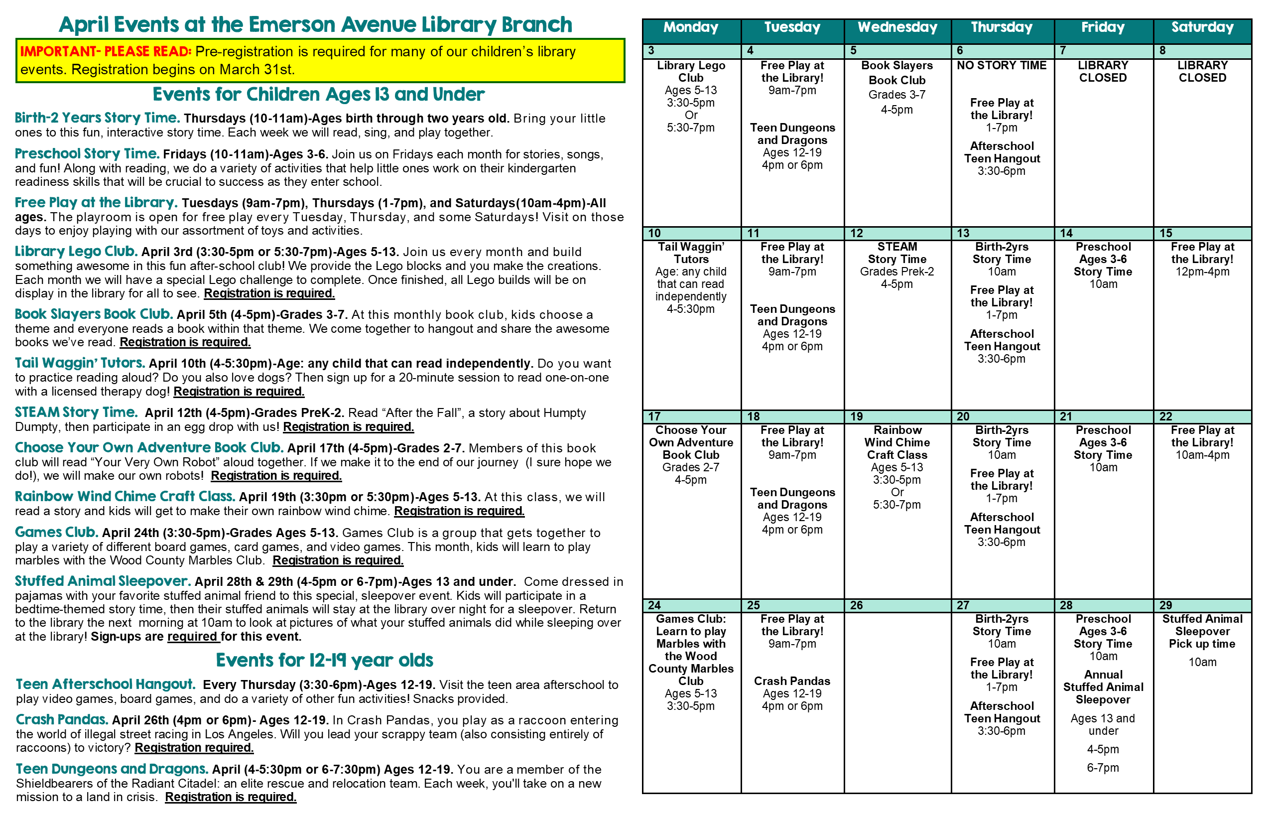 April YRR Calendar Emerson Parkersburg & Wood County Public Library